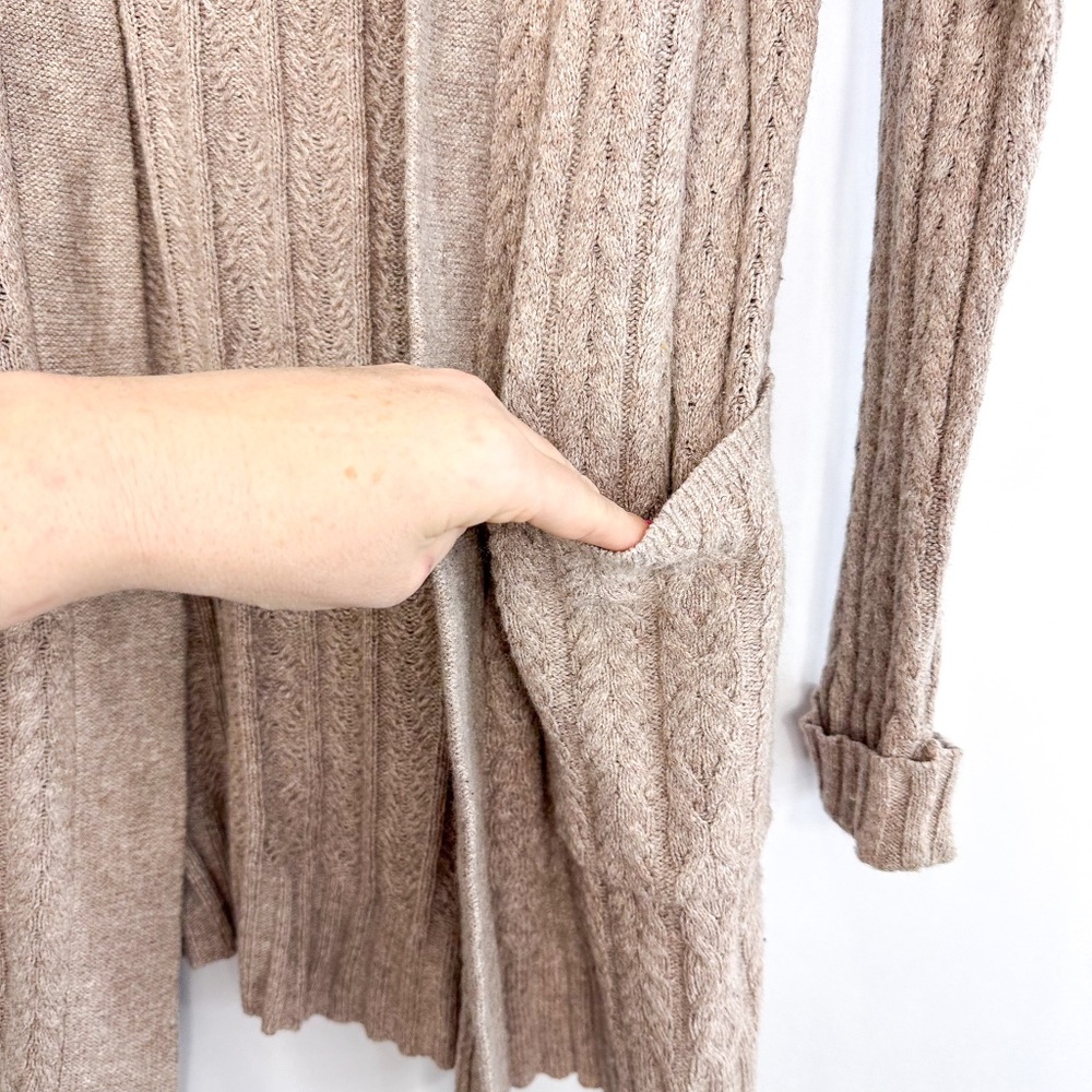 J. Jill Beige Cable Knit Long Open Wool Blend Cardigan Sweater - Picture 2 of 6